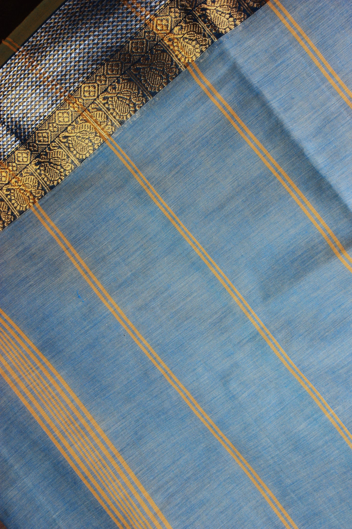 Chettinad Handloom Saree - Pastel blue w/ Silver Gold zari border