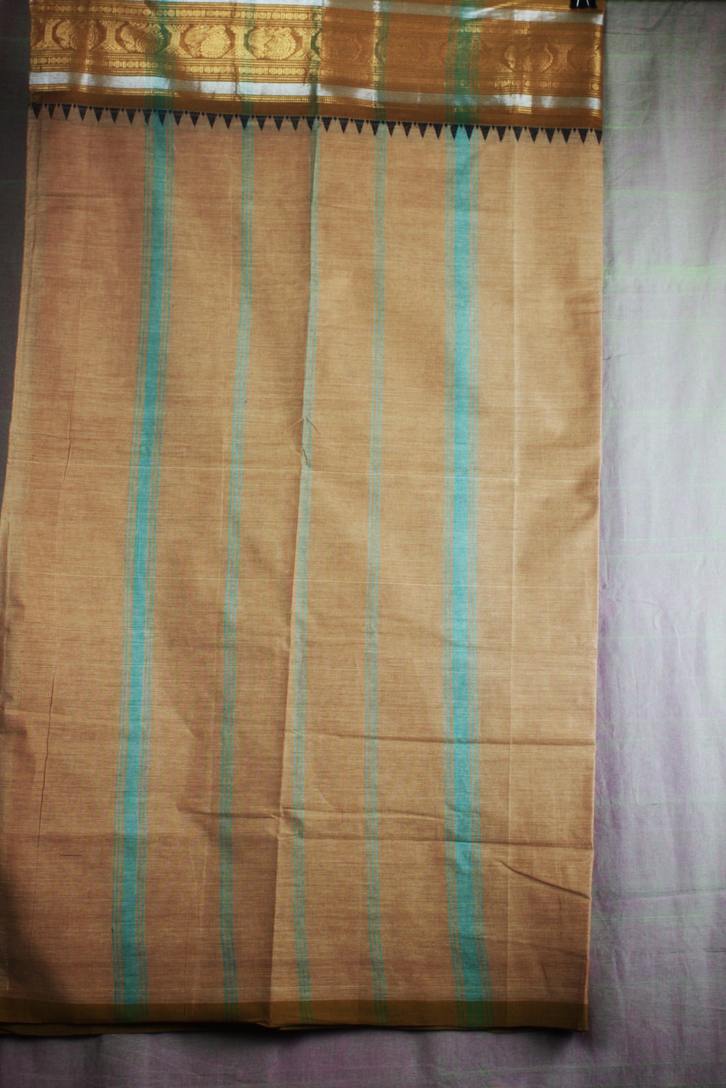 Chettinad Handloom Saree - Pastel Brown w/ Silver Gold zari Khaki border