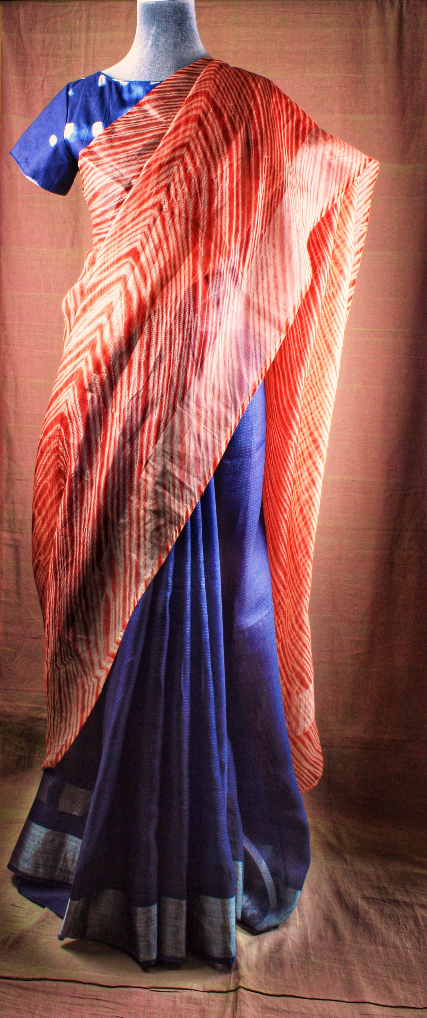 Shibori Natural Dye Kota Silk Saree - Red & Indigo