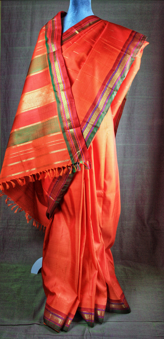 Kanjivaram Pure Silk Pure Zari Saree - Orange w/ Red, Green