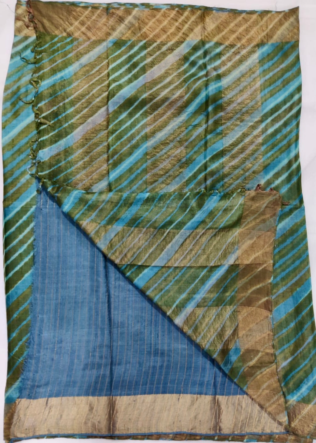 Hand crafted Leheria Tie-Dye Tussar Silk Saree w/Zari - Teal