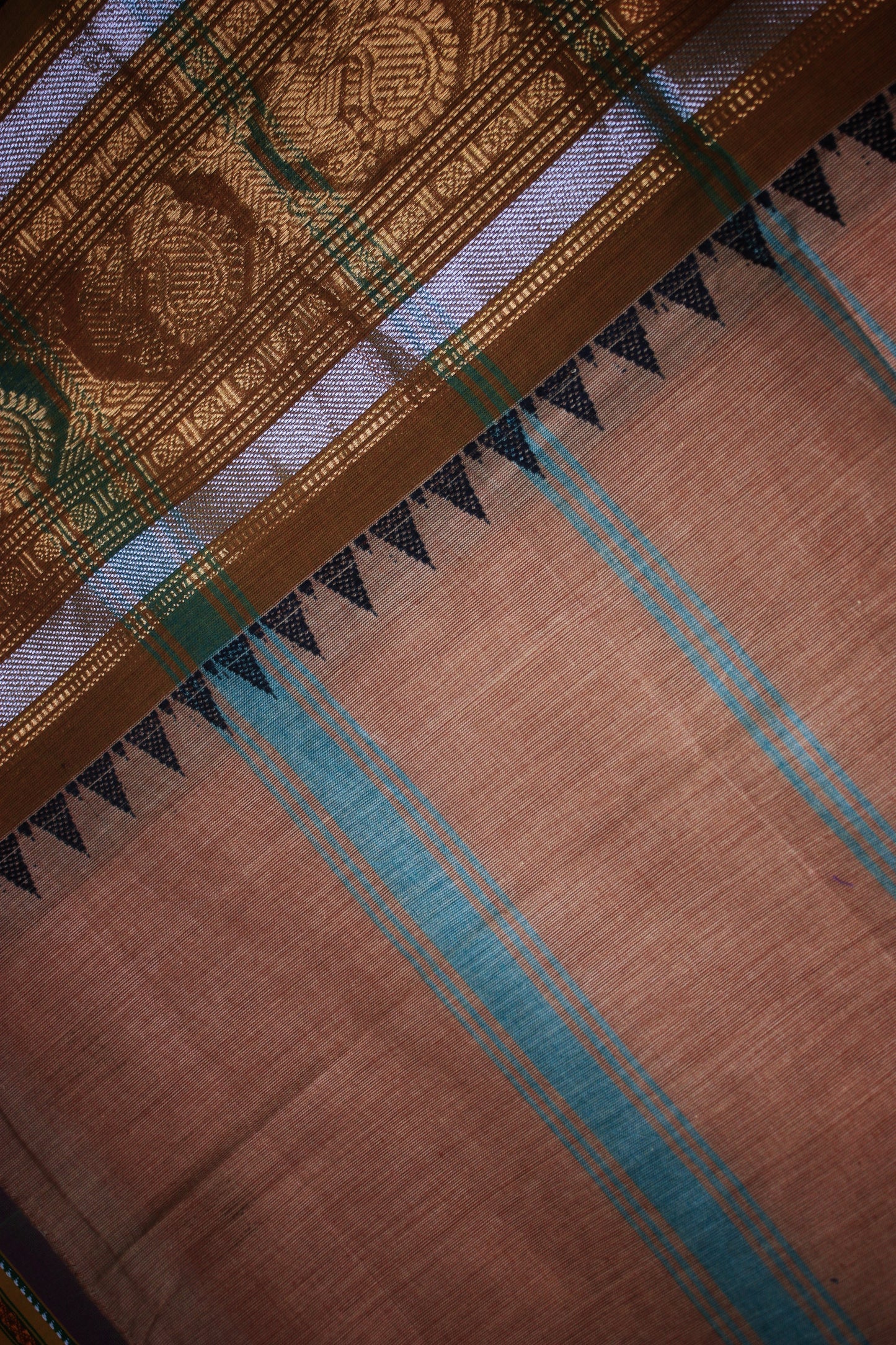 Chettinad Handloom Saree - Pastel Brown w/ Silver Gold zari Khaki border