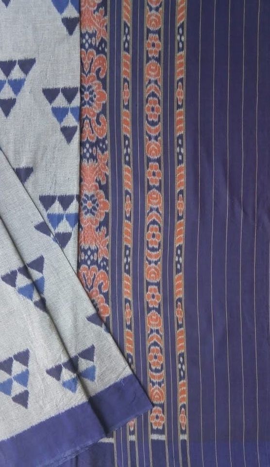 Khandua Ikat Handloom Saree - Gray w/ Blues