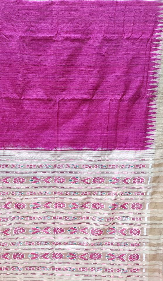 Tussar Ghicha Ikat Silk Handloom Saree - Pink w/ Off White