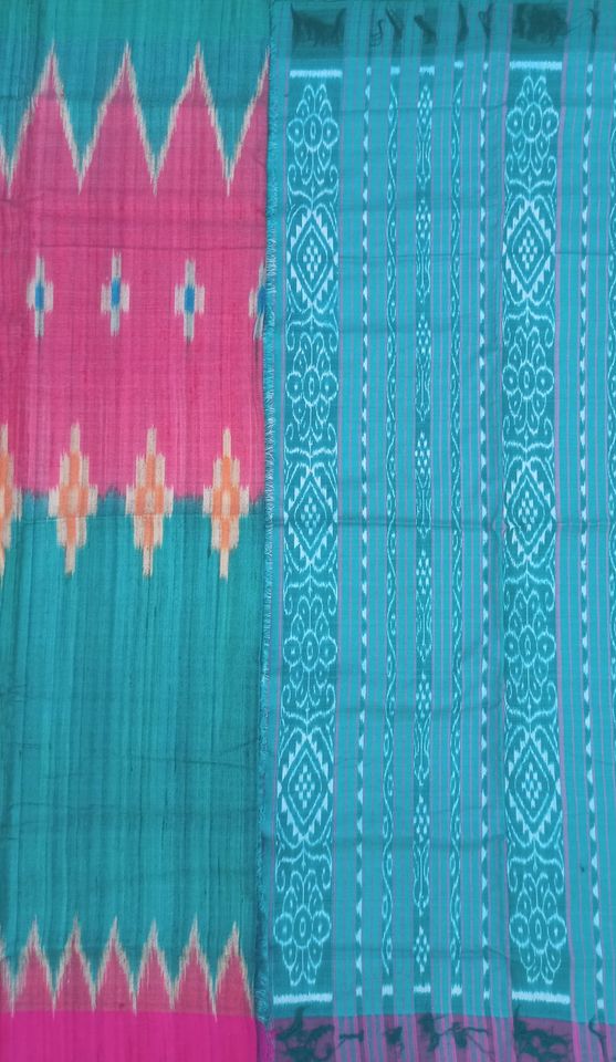 Tussar Ghicha Silk Ikat Handloom Saree - Pink/ Teal Half & Half