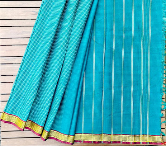 Devendra Handloom Saree- Teal Checks w/ Red