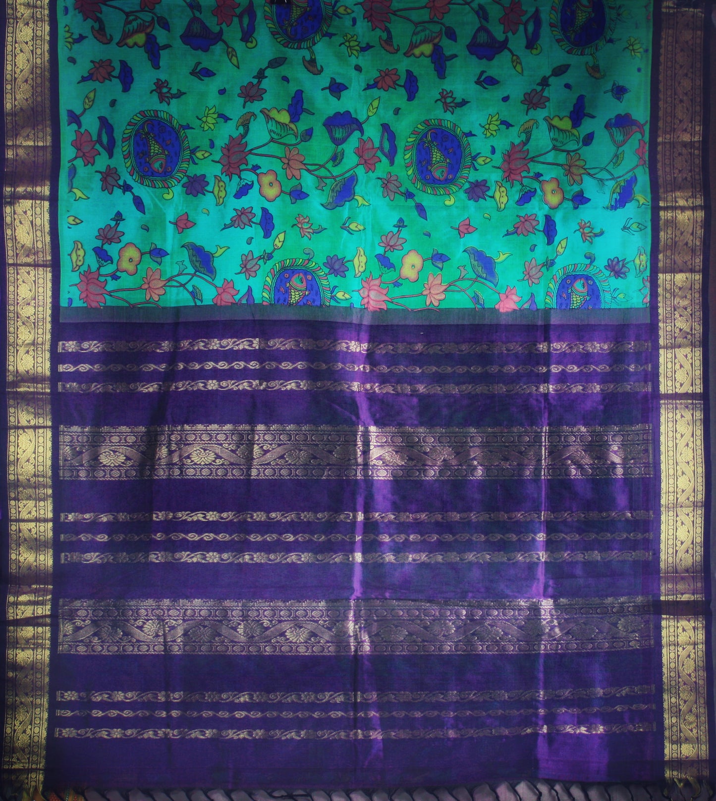 Kanjivaram Kalamkari Silk Cotton Saree Korvai Border -Turquoise blue w/ Purple