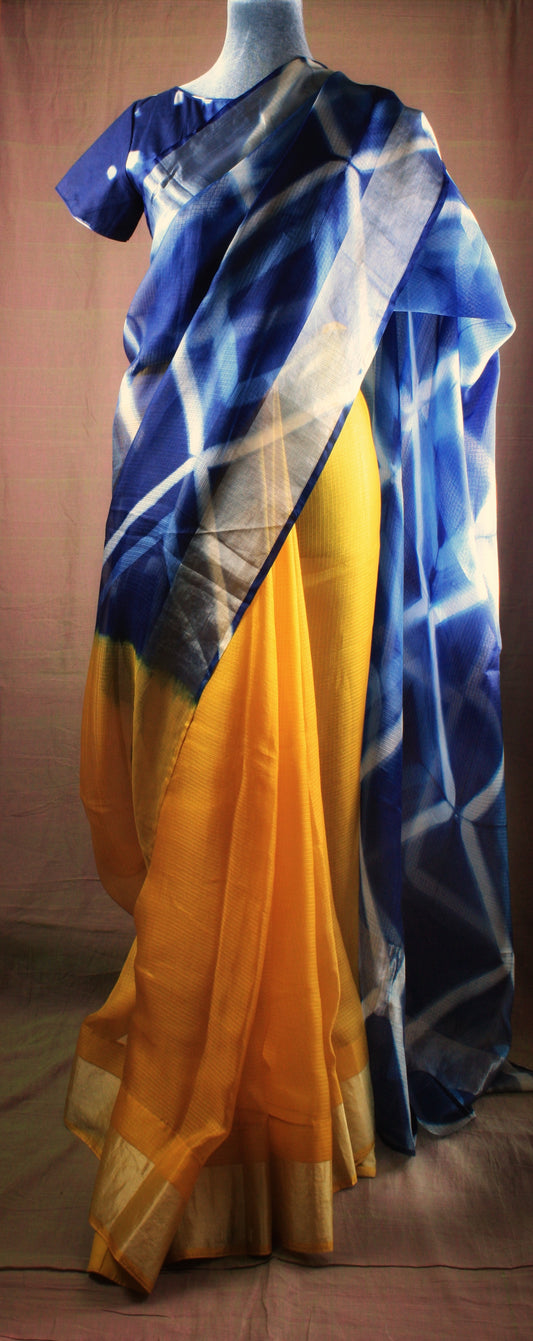 Shibori Natural Dye Kota Silk Saree - Yellow Indigo