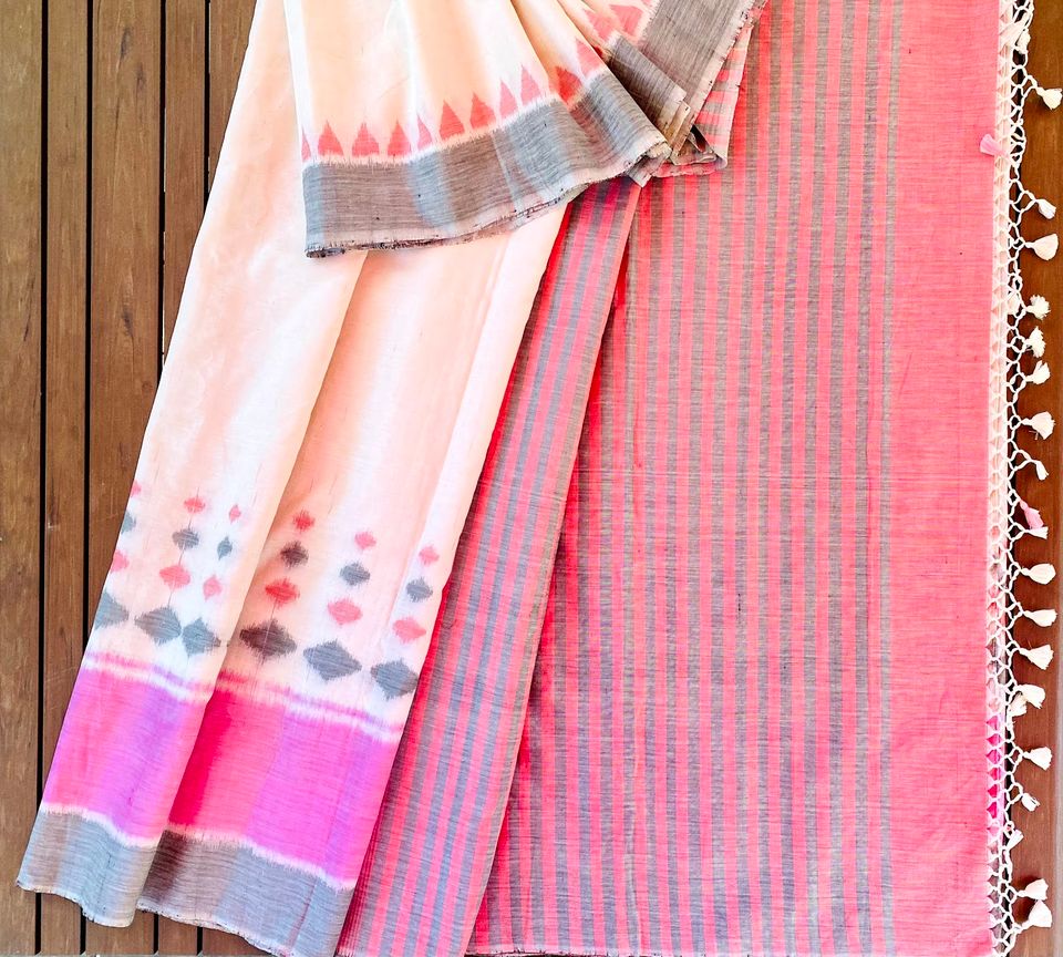 Khandua Ikat Handloom Silk Cotton Saree - White w/ Pink, Gray