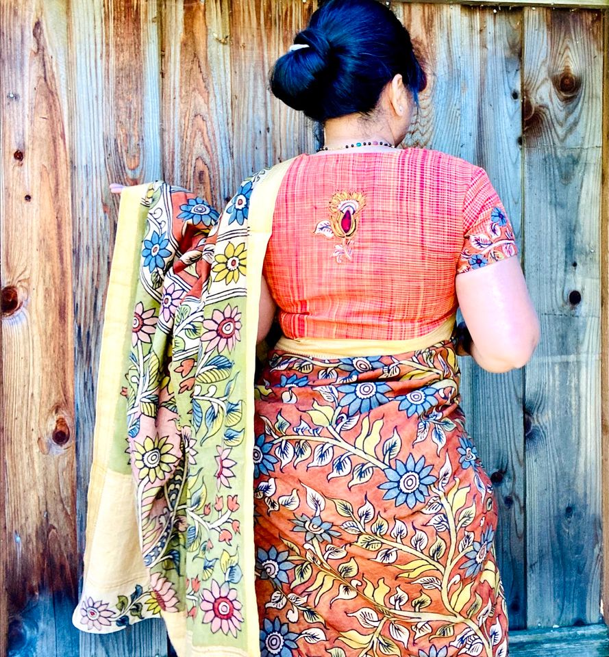 Hand Painted Kalamkari Cotton Saree - Orange w/ off-white