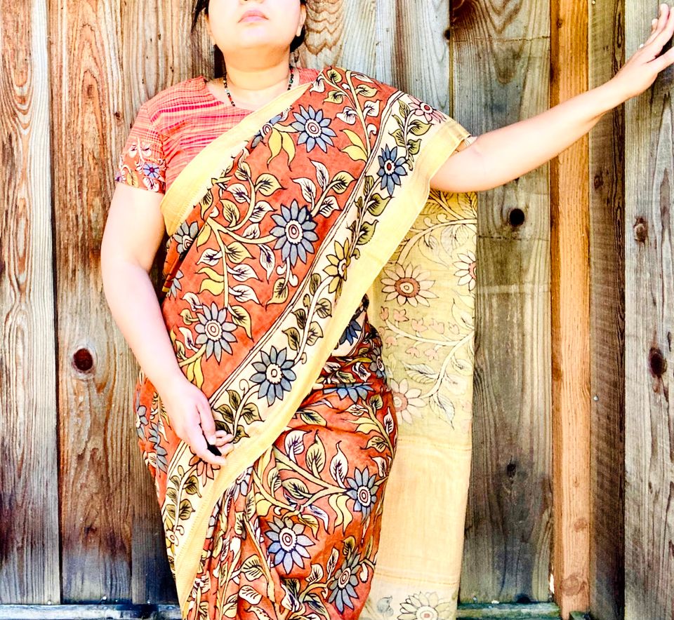 Hand Painted Kalamkari Cotton Saree - Orange w/ off-white