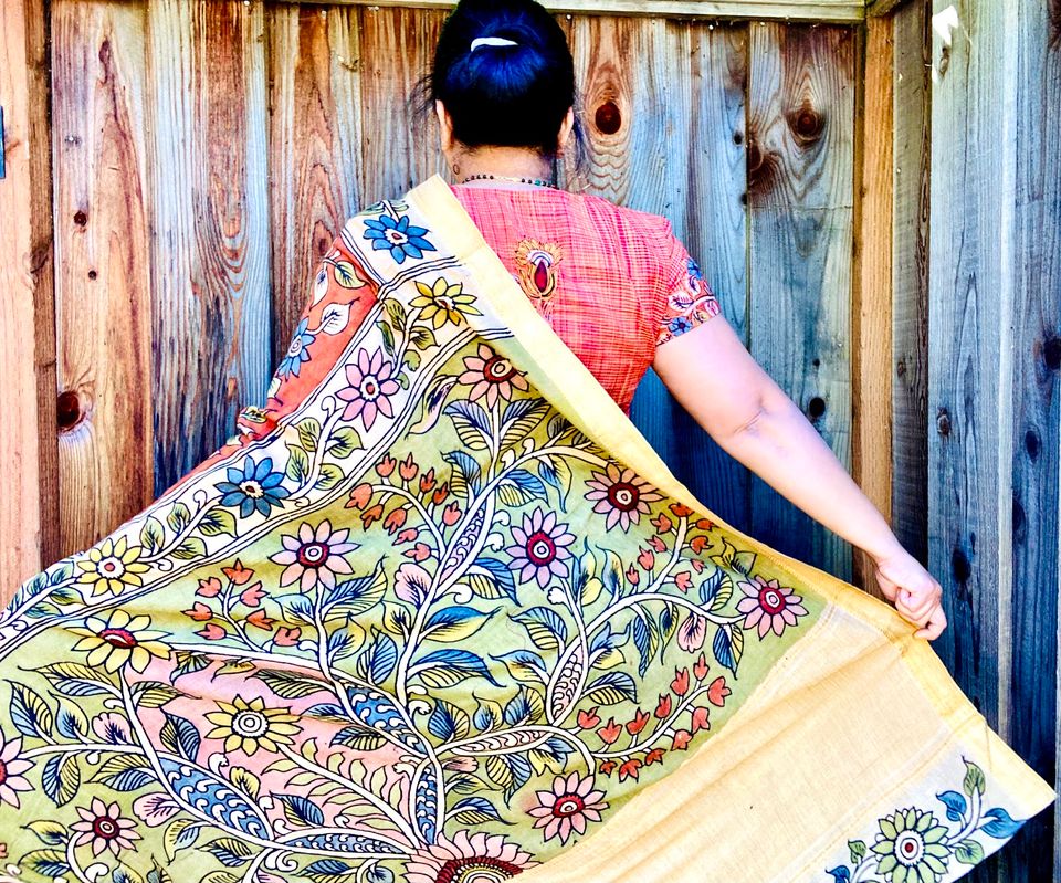 Hand Painted Kalamkari Cotton Saree - Orange w/ off-white