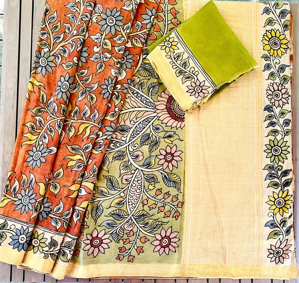 Hand Painted Kalamkari Cotton Saree - Orange w/ off-white