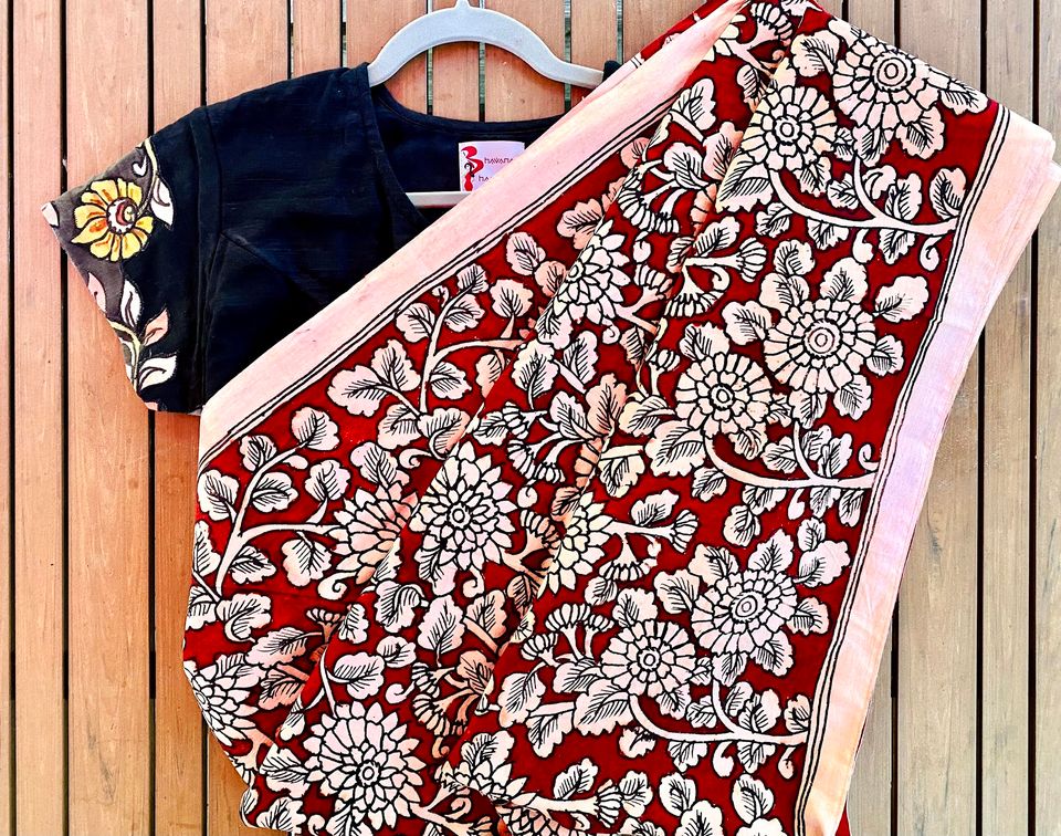 Hand Painted Kalamkari Cotton Saree - Red w/ white