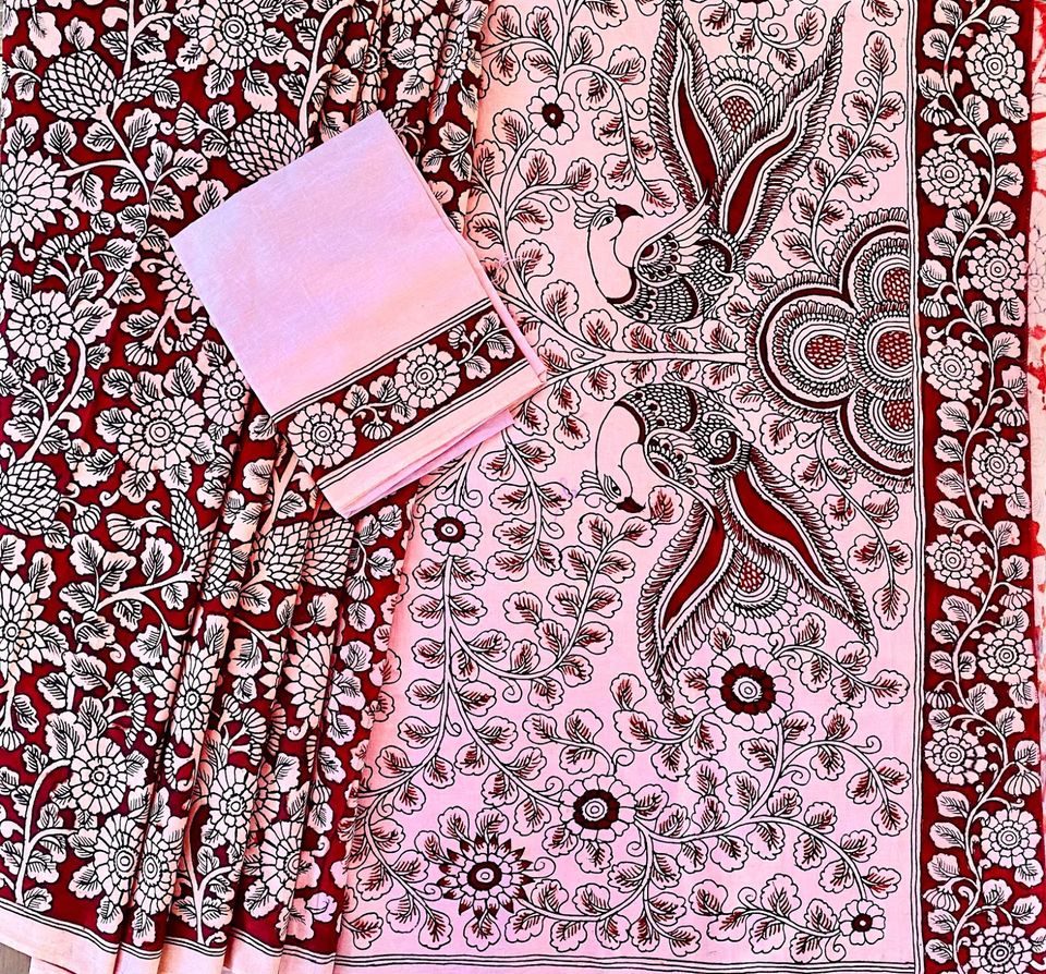 Hand Painted Kalamkari Cotton Saree - Red w/ white