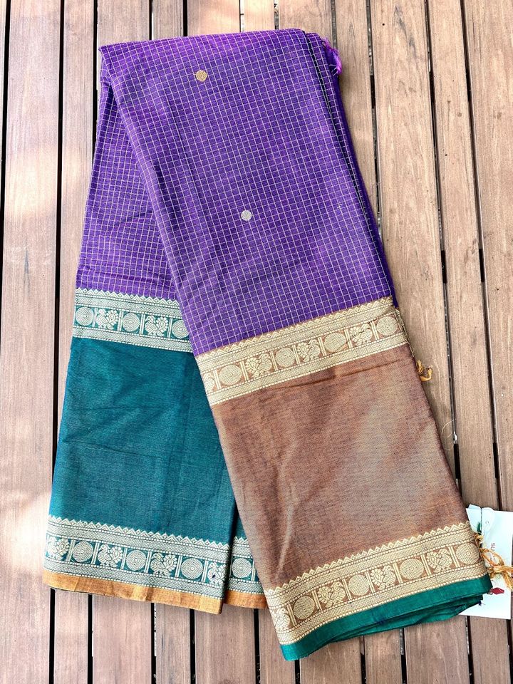 Kanjivaram Cotton Saree - Indigo checks w/ Green, Brown