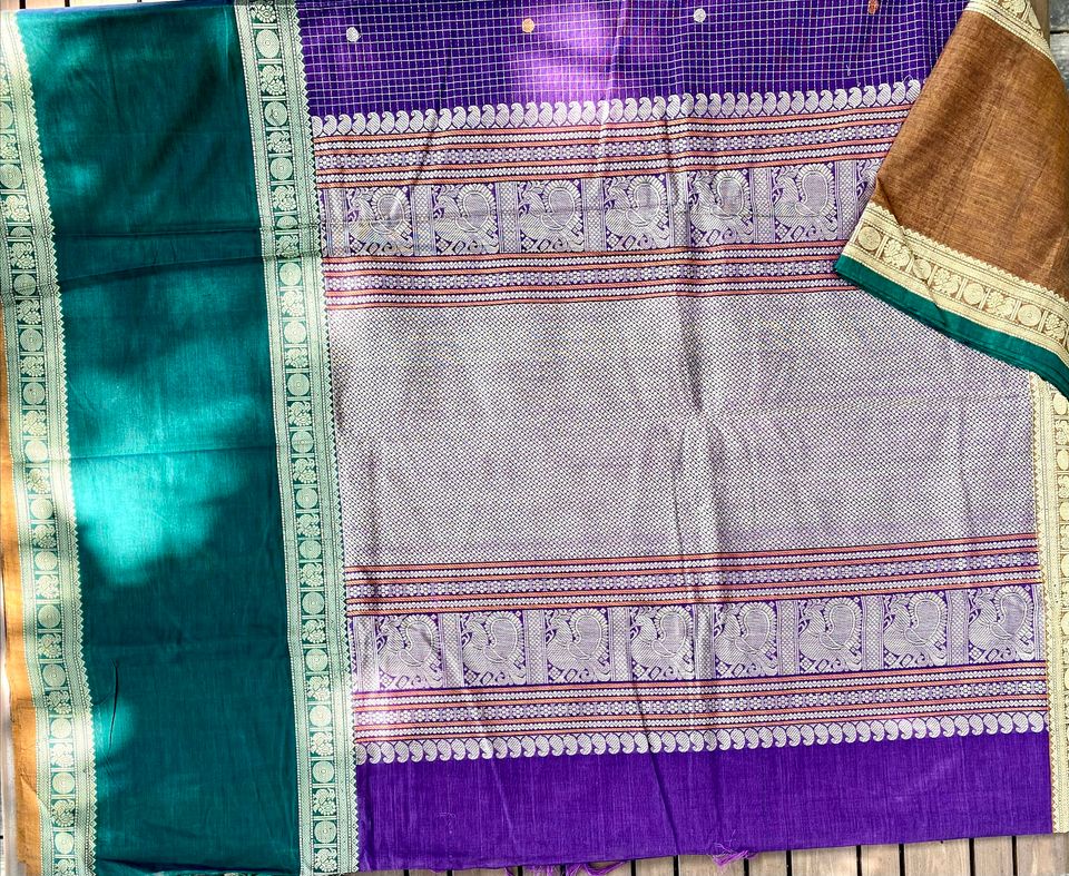 Kanjivaram Cotton Saree - Indigo checks w/ Green, Brown