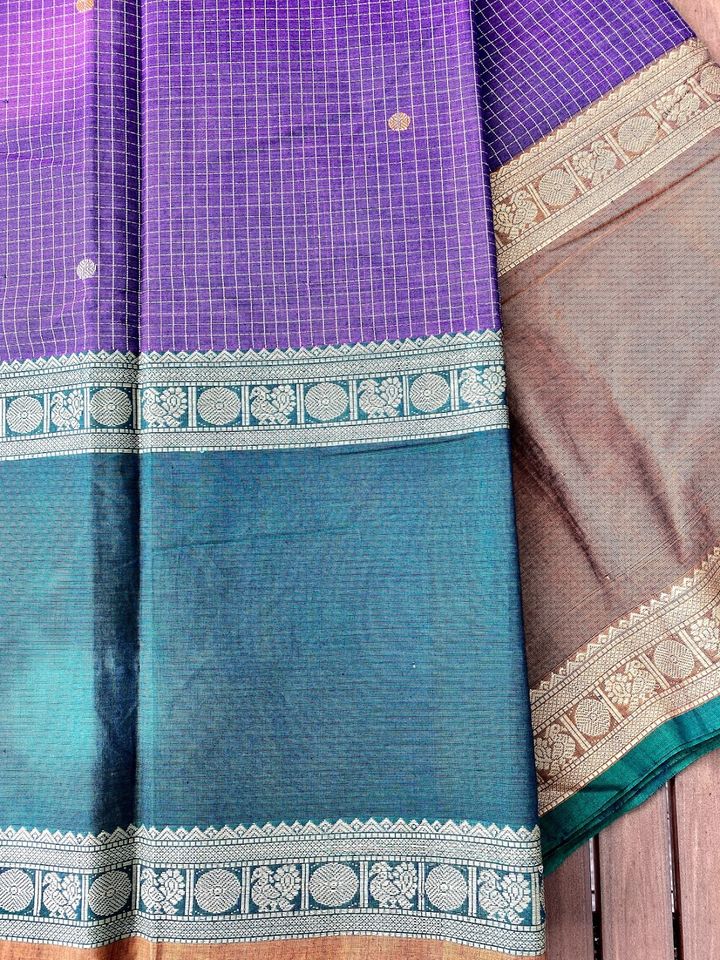 Kanjivaram Cotton Saree - Indigo checks w/ Green, Brown