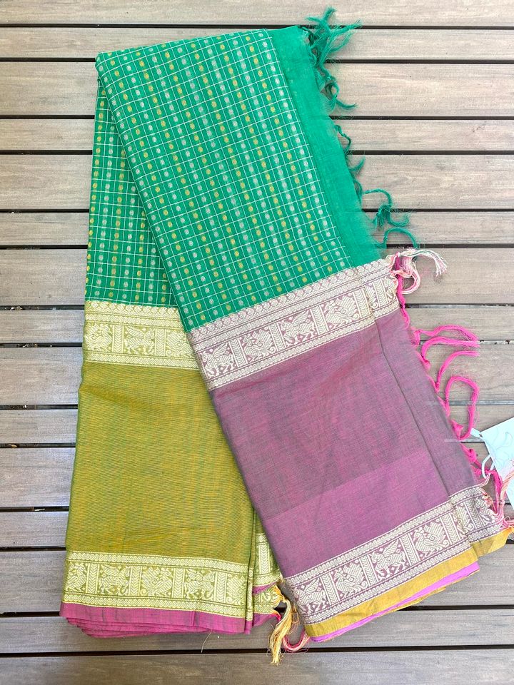 Kanjivaram Cotton Saree - Green Lakshadeepam