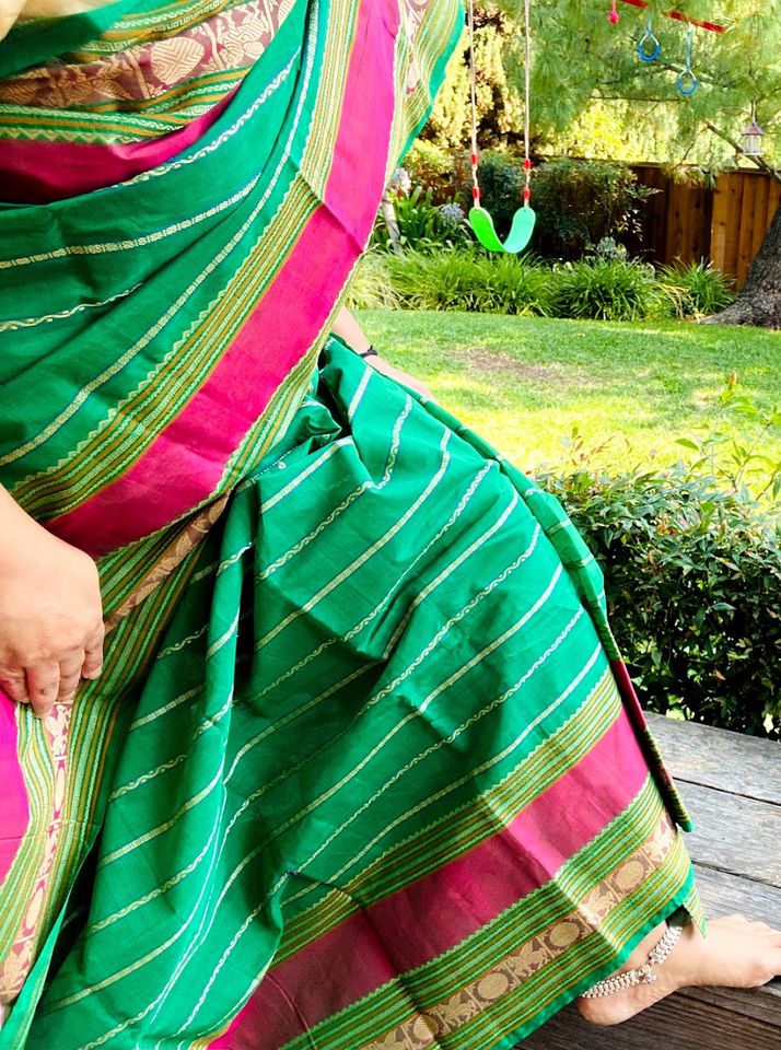 Kanjivaram Cotton Saree - Green w/ Pink Veldhari