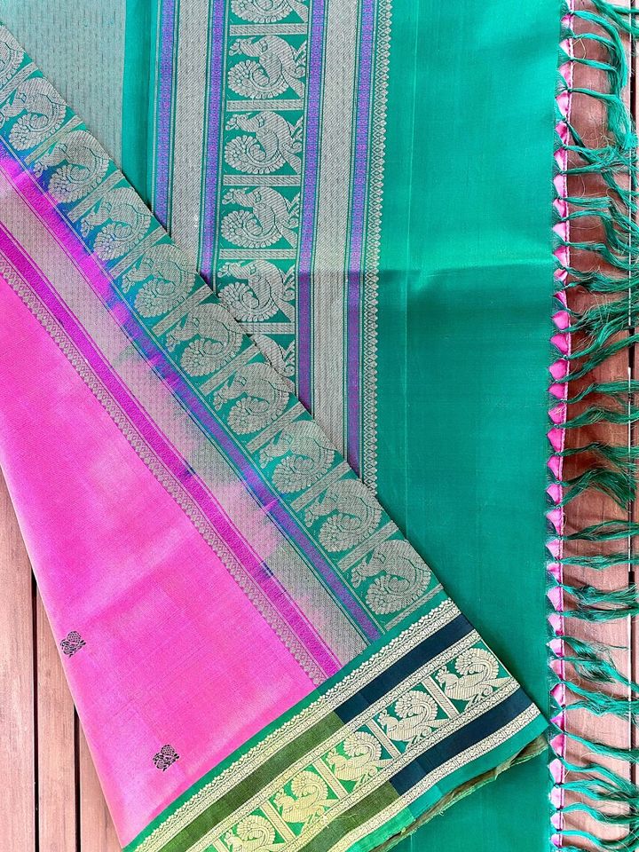 Kanjivaram Pure Silk Zero Zari Saree - Pink w/ Green