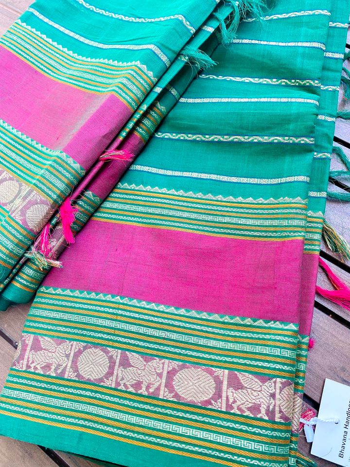 Kanjivaram Cotton Saree - Green w/ Pink Veldhari