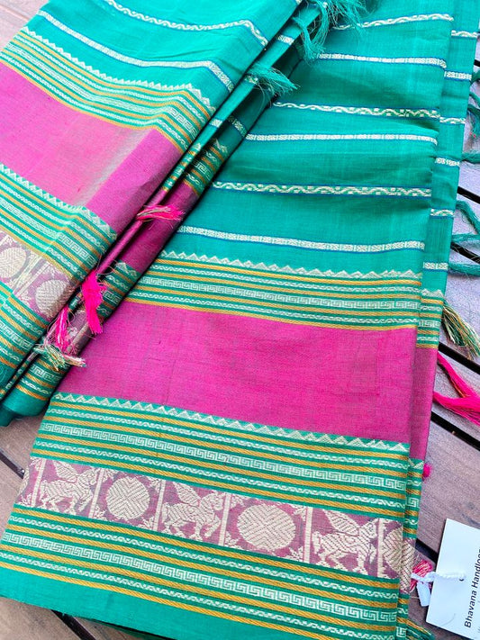 Kanjivaram Cotton Saree - Green w/ Pink Veldhari