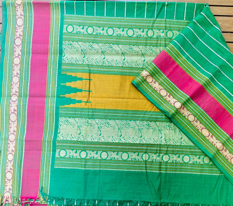 Kanjivaram Cotton Saree - Green w/ Pink Veldhari