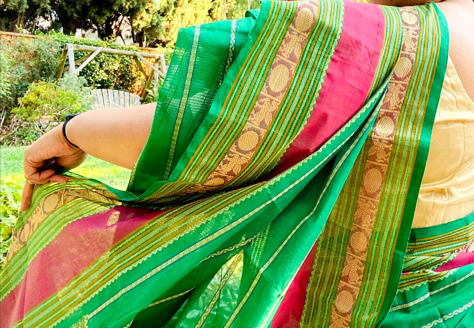 Kanjivaram Cotton Saree - Green w/ Pink Veldhari