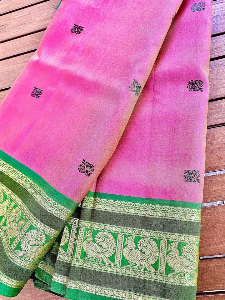 Kanjivaram Pure Silk Zero Zari Saree - Pink w/ Green