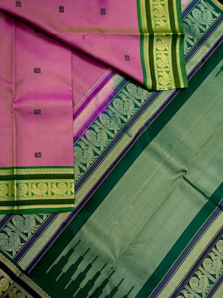 Kanjivaram Pure Silk Zero Zari Saree - Pink w/ Green