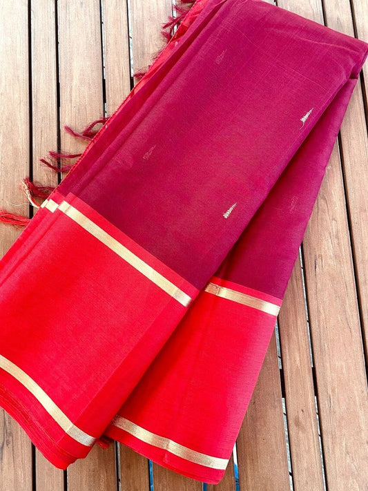 Kanjivaram Silk Cotton Saree - Pakku color w/ Red