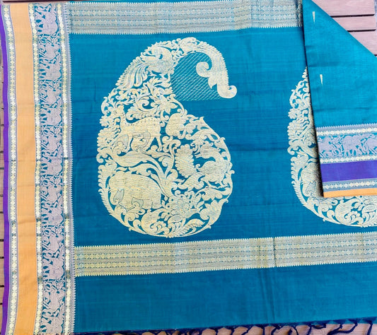 Kanjivaram Silk Cotton Saree - Teal Vanasingaram