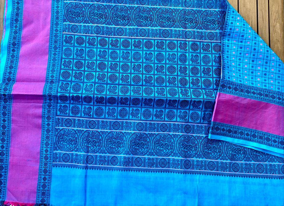 Kanjivaram Silk Cotton Saree - Turquoise blue w/ Pink Ayiram butta