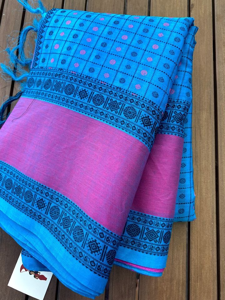 Kanjivaram Silk Cotton Saree - Turquoise blue w/ Pink Ayiram butta