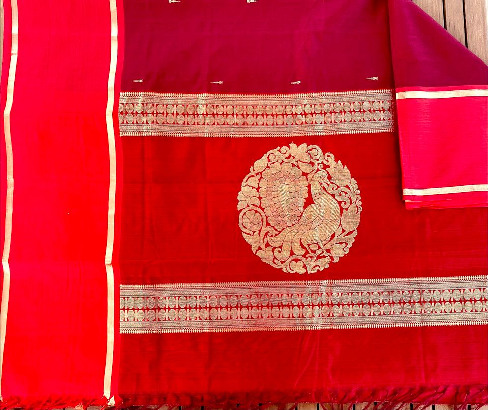 Kanjivaram Silk Cotton Saree - Pakku color w/ Red