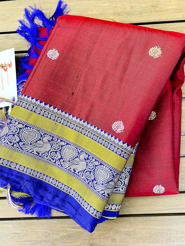 Kanjivaram Pure Silk Zero Zari Saree - Maroon w/ Indigo