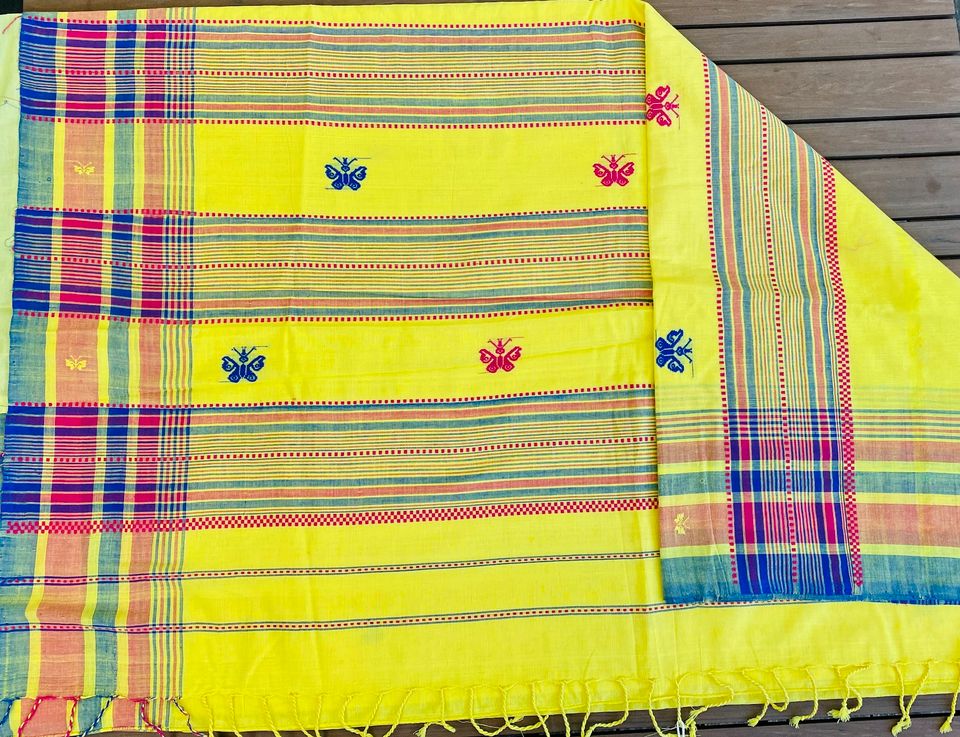 Assam Kamrup Handloom Saree - Neon Yellow w/ Red, Blue