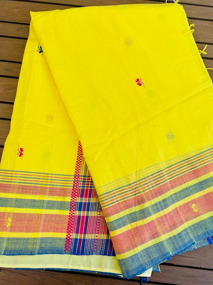 Assam Kamrup Handloom Saree - Neon Yellow w/ Red, Blue