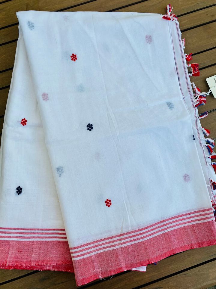 Assam Kamrup Handloom Saree - White w/ Red