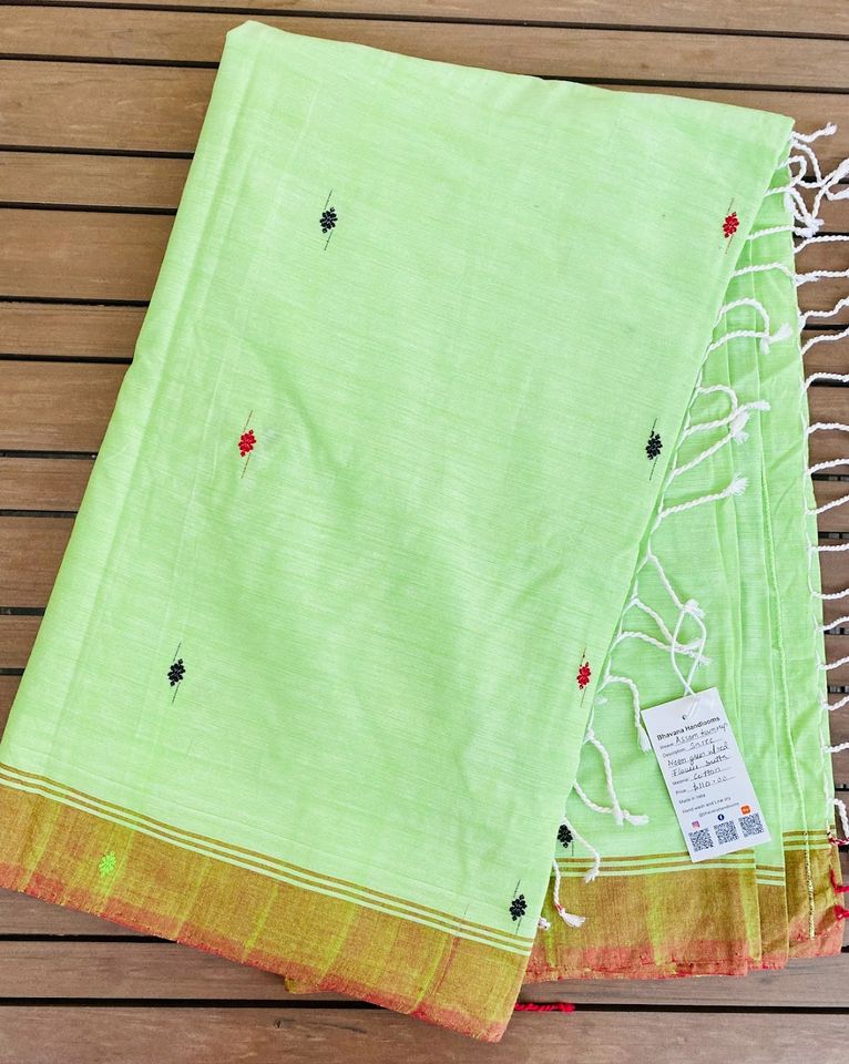 Assam Kamrup Handloom Saree - Light green w/ Red