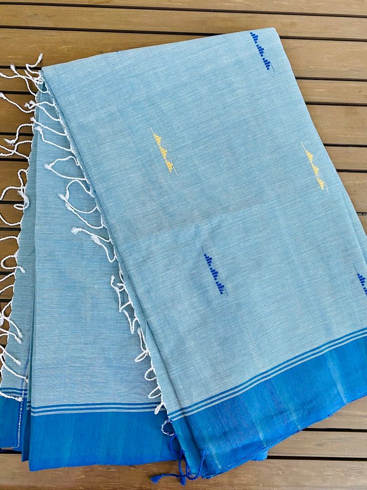 Assam Kamrup Handloom Saree - Baby Blue w/ Blue