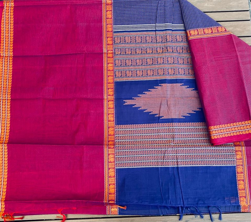 Kanjivaram Cotton Saree - Indigo/ Pink Mubbagam