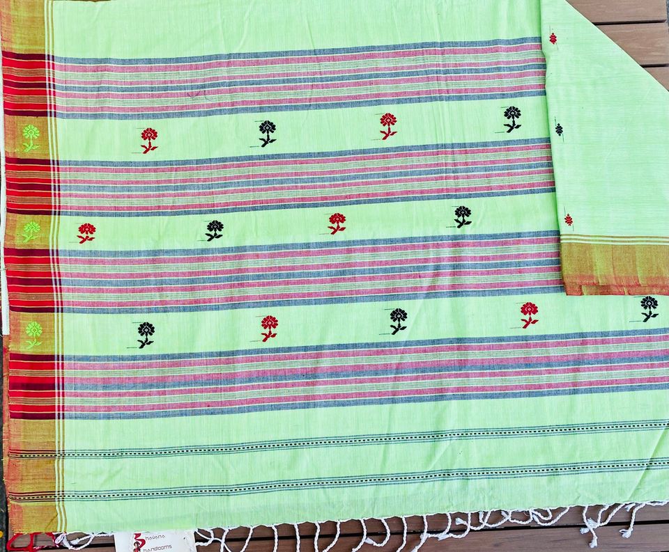 Assam Kamrup Handloom Saree - Light green w/ Red