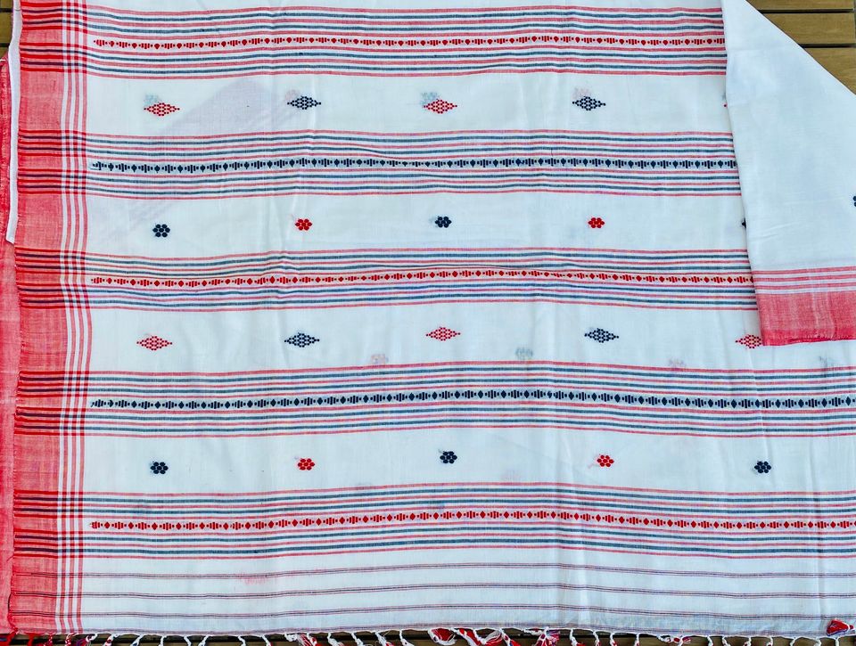 Assam Kamrup Handloom Saree - White w/ Red