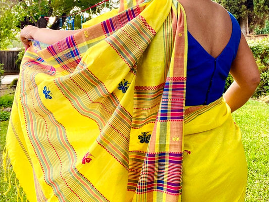 Assam Kamrup Handloom Saree - Neon Yellow w/ Red, Blue