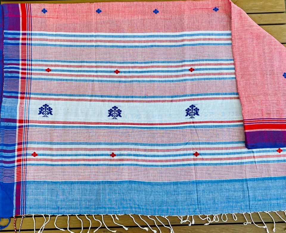 Assam Kamrup Handloom Saree - Blue and Red