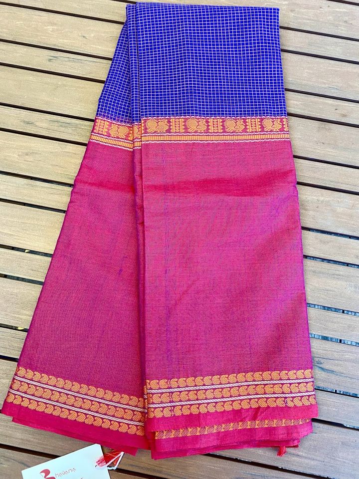 Kanjivaram Cotton Saree - Indigo/ Pink Mubbagam