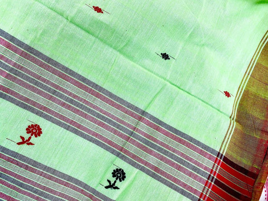 Assam Kamrup Handloom Saree - Light green w/ Red