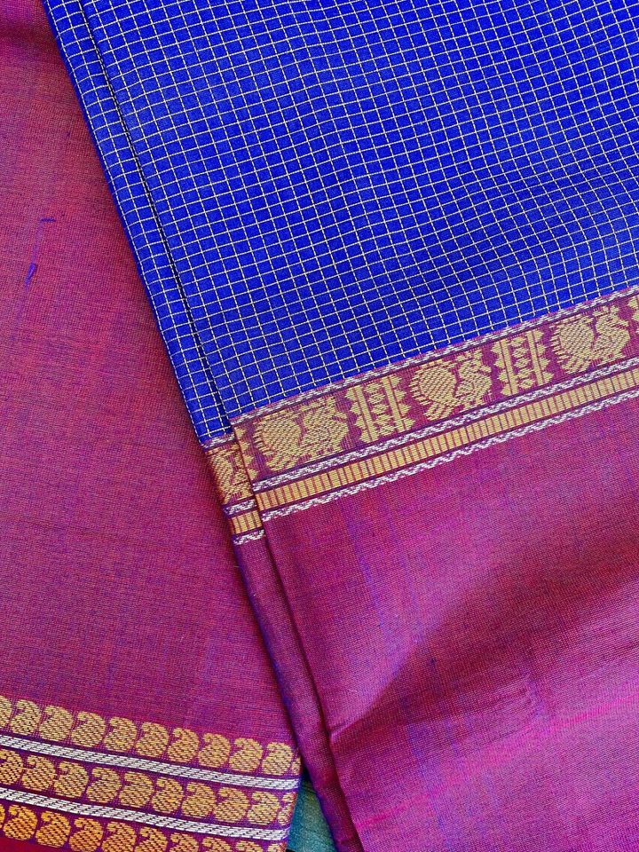 Kanjivaram Cotton Saree - Indigo/ Pink Mubbagam